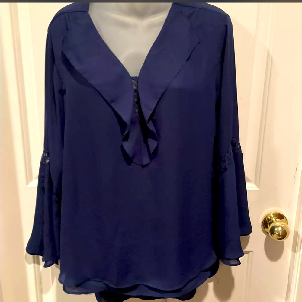 Colleen Lopez Womens Sz 14 Blue Layered Lace Accented Bell Sleeve Top GUC B5